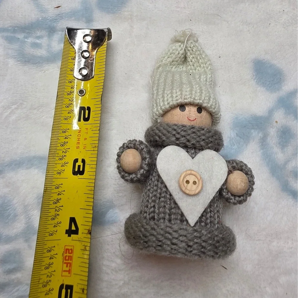 Handmade Wooden Peg Doll Ornament Knit Grey Sweater Heart Button Christmas Decor